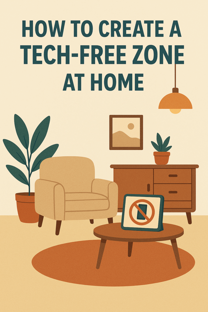 Blog "Flat-style digital illustration of a peaceful living room tech-free zone, featuring cozy furniture, books, plants, and no electronic devices, promoting a screen-free and mindful home environment."