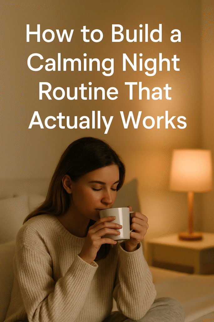 Blog A woman sits calmly on a cozy bed with a cup of tea in hand, surrounded by soft lighting and a peaceful bedroom setting, representing a calming night routine for better sleep.