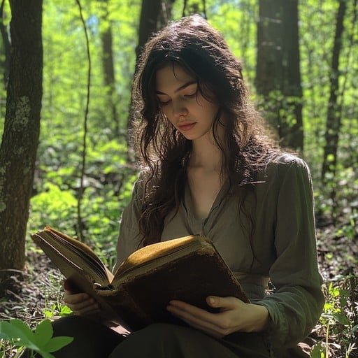 Woman sitting in a peaceful forest setting, reading a book with focused attention, embodying mindfulness and intentional living in nature.