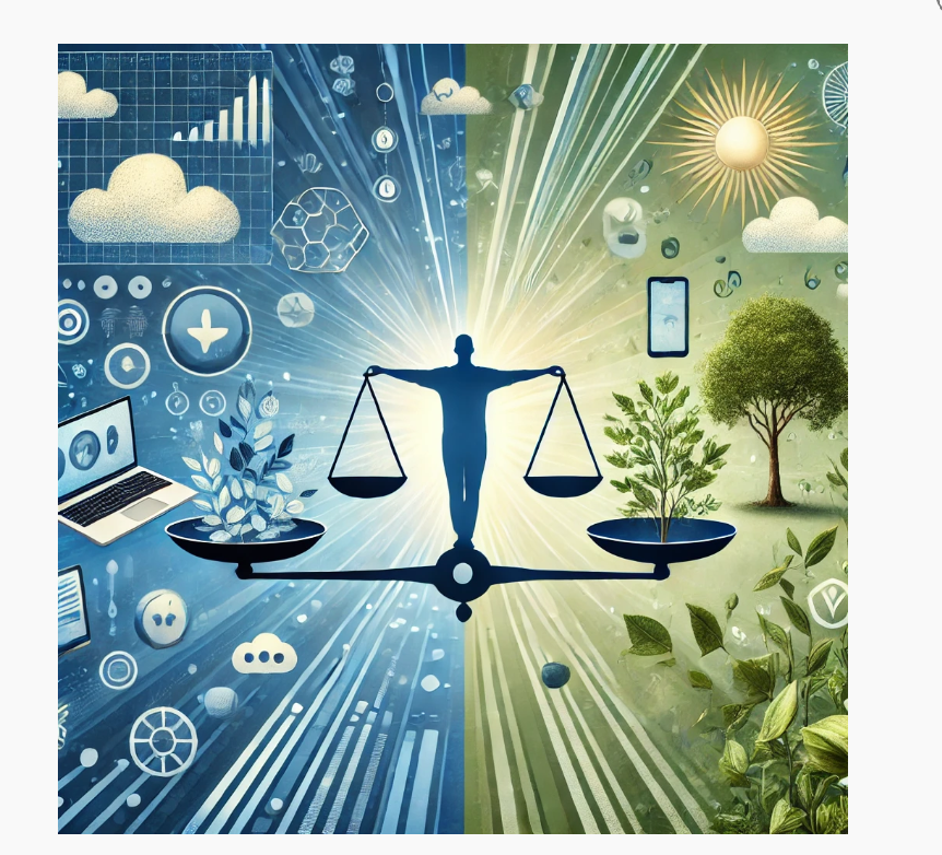 Maintaining Digital Detox Results: 9 Proven Strategies for Lasting Peace Illustration of a balanced scale with nature on one side and digital devices on the other, symbolizing the harmony achieved by maintaining Digital Detox Results for lasting peace and well-being.