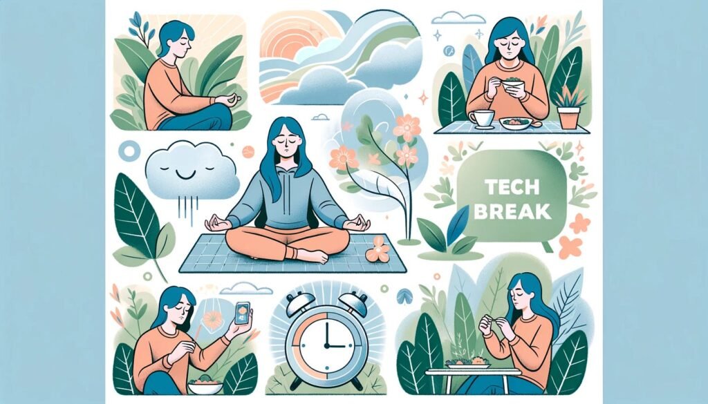 Blog Illustration of a peaceful scene showing a person meditating outdoors at sunset, surrounded by calming natural elements and symbols of time—representing sustainable habits and long-term Digital Detox Results.