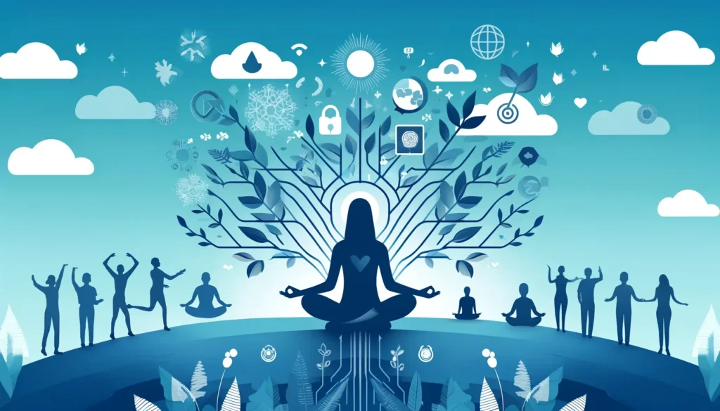 Blog A peaceful silhouette meditating at sunrise with digital devices fading into the background, symbolizing a long-term Digital Detox Retreat for lasting inner calm and tech-life balance.