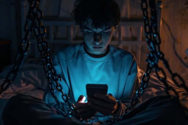 A person sits alone in a dark room, their face illuminated only by the glow of a smartphone screen—symbolizing the urgent need for setting boundaries with technology.