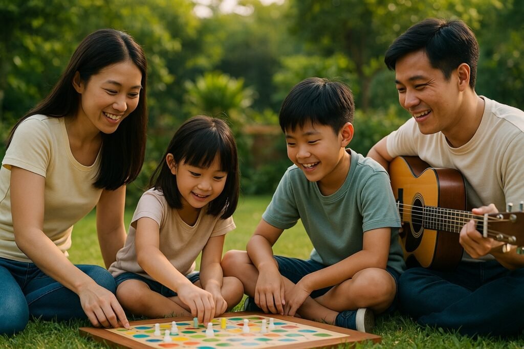 Blog Parent and two children playing together outdoors in a grassy park, enjoying a screen-free family bonding activity during a digital detox.