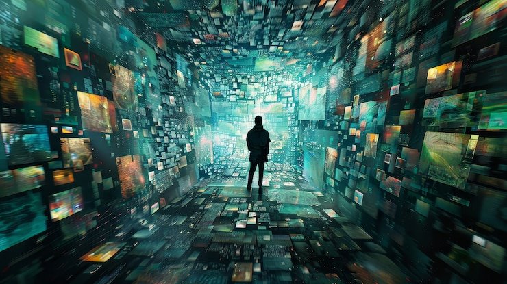 A lone silhouette stands in a vast digital landscape filled with glowing icons and data streams, representing the struggle to set boundaries with technology in a hyper-connected world.