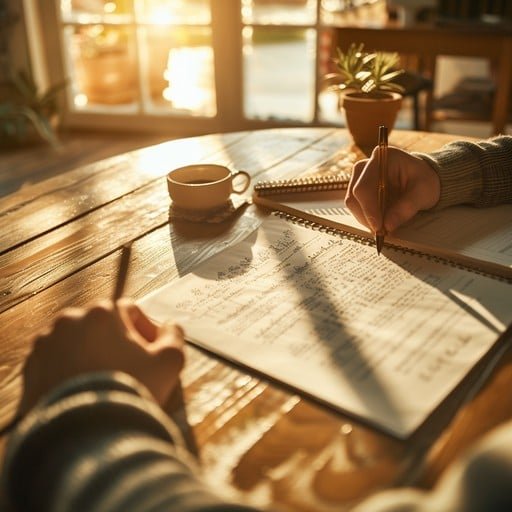 Blog Hands writing in a journal at a sunlit wooden desk with a cup of coffeeâevokes a peaceful morning routine.