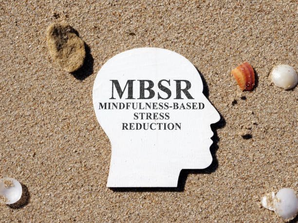 Blog Conceptual image for MBSR showing a head-shaped silhouette with the text "Mindfulness-Based Stress Reduction" resting on calm sand with seashells.