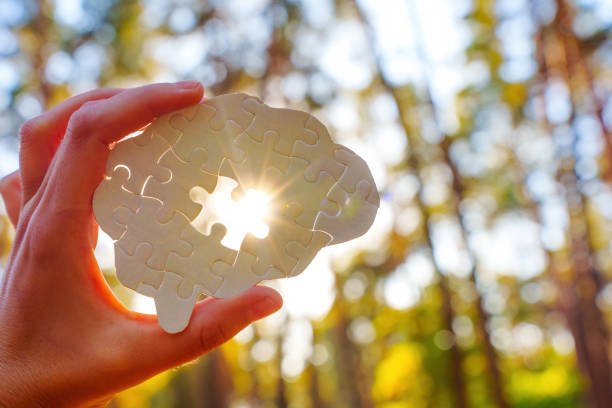A hand holding a brain puzzle with a missing piece, symbolizing mental health clarity and finding peace through mindfulness as sunlight shines through.