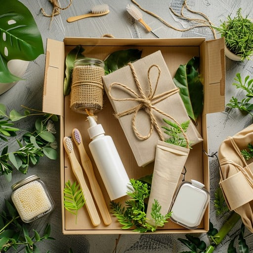Blog "Flat lay of a sustainable gift box containing wrapped items tied with natural twine, reusable bottles, wooden brushes, and green leaves—highlighting thoughtful eco-friendly gift ideas."