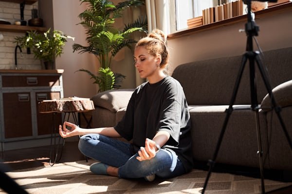 A person finds a peaceful moment, sitting on a rock overlooking a calm, misty lake, which is a perfect example of using meditation for mental wellness.