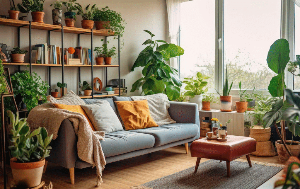Blog Bright plant‑filled apartment emphasizing green decor, indoor gardening, and sustainable small‑space styling.