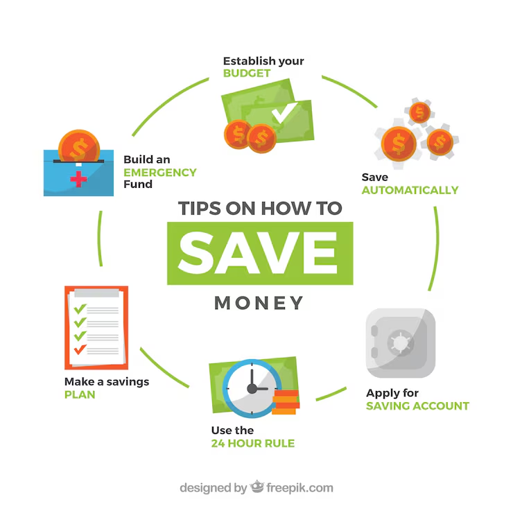 17 Proven Ways Sustainable Living Saves Money & Boosts Your Finances "Circular infographic with the word ‘SAVE’ in the center, surrounded by minimalist eco icons and green arrows—symbolizing holistic financial benefits of sustainable living."