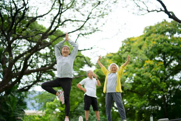 A group of seniors participating in an outdoor class focused on exercise for mental wellness.