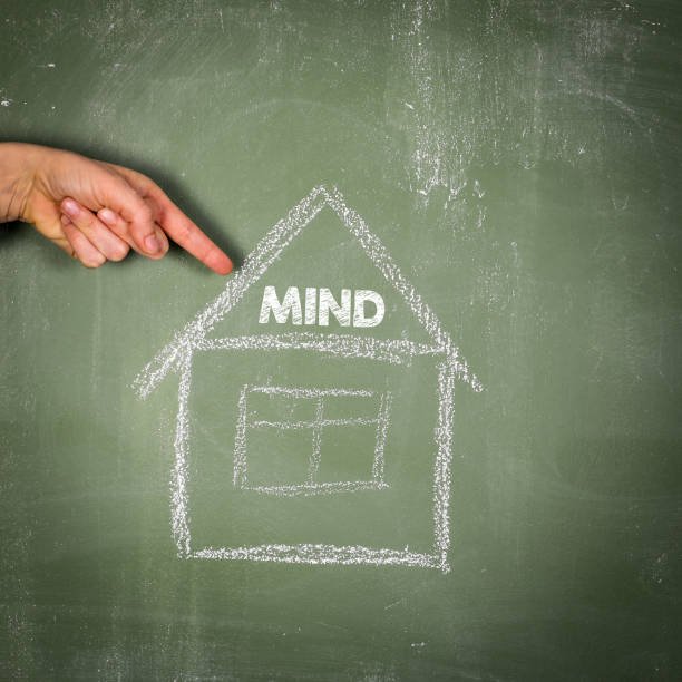 mind concept finger pointing to text and drawn house on chalk board