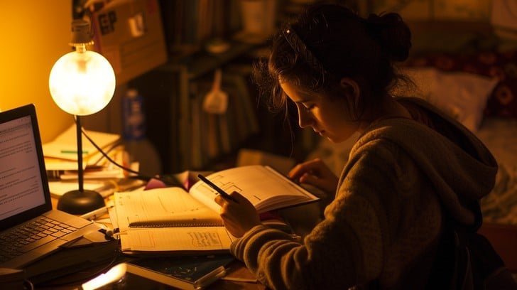 Blog Late-night study session with desk lamp and notebooks, embodying an unplugging routine that promotes concentration and mental clarity.
