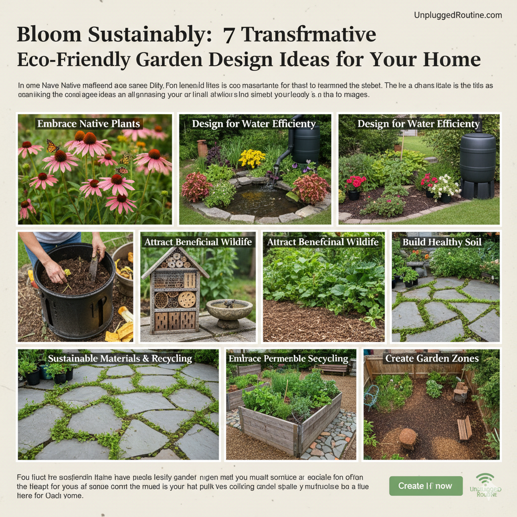 A collage of eco-friendly garden design ideas in an urban setting, including a vertical garden, rooftop raised beds, and container gardening with fresh vegetables.