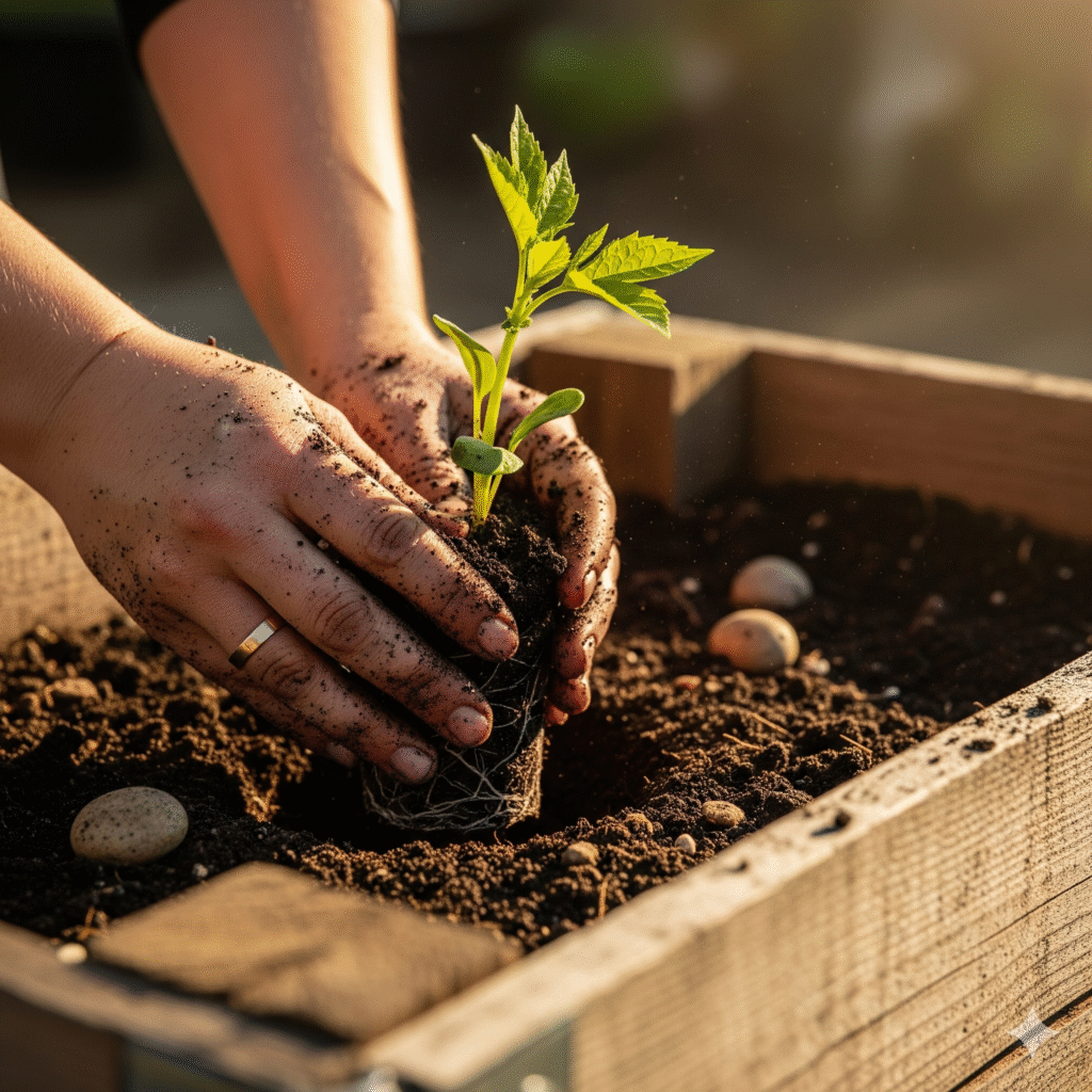 From Screen Time to Green Time: Building a Sustainable Raised Bed for Your Digital Detox Hands carefully planting a small green seedling into rich soil within a sustainable wooden raised bed, symbolizing a mindful digital detox and reconnection with nature.