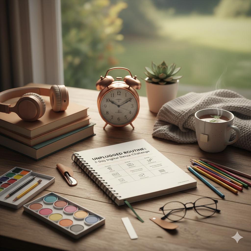 The 7-Day Digital Detox Challenge: A Beginner's Plan to Reclaim 1 Hour a Day A cozy wooden desk displaying a