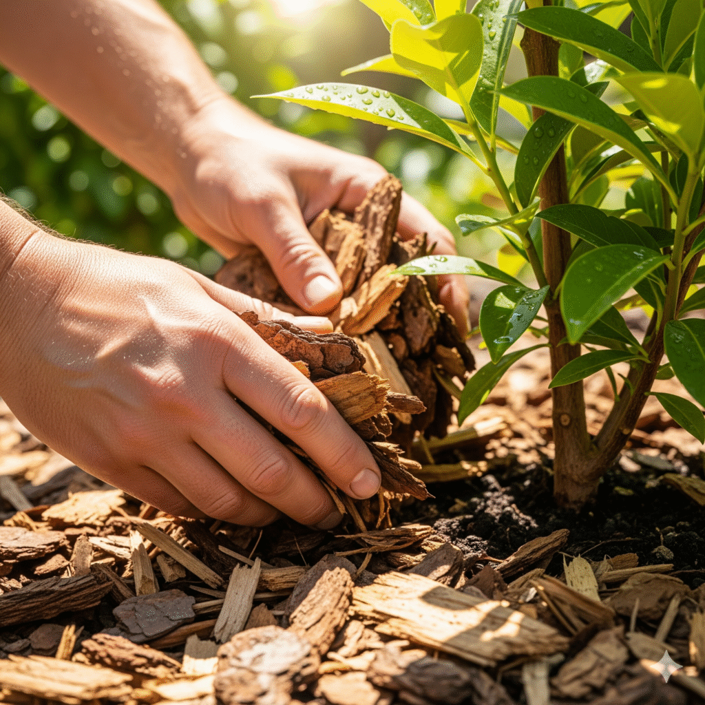 "Applying the 'donut method' of mulching with wood chips around a small tree, a key practice in mulching tips for eco gardening."