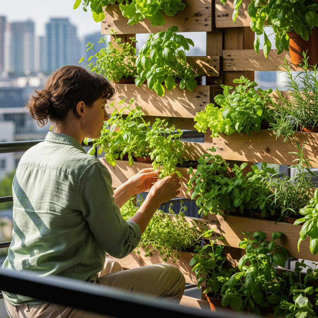 The Ultimate Guide: Building a Vertical Garden for Your Digital Detox A person mindfully tending a thriving vertical garden built from reclaimed wood on an urban balcony, showcasing a practical way of building a vertical garden for a digital detox.