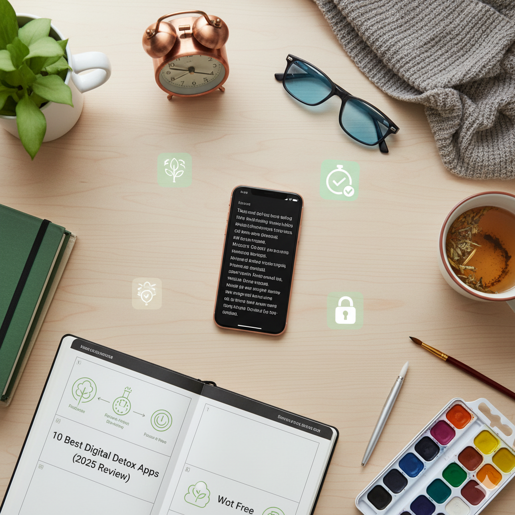 10 Best Digital Detox Apps to Help You Stay Focused (2025 Review) A peaceful desk scene representing the benefits of using the best digital detox apps: a planner, art supplies, and tea replace digital distractions