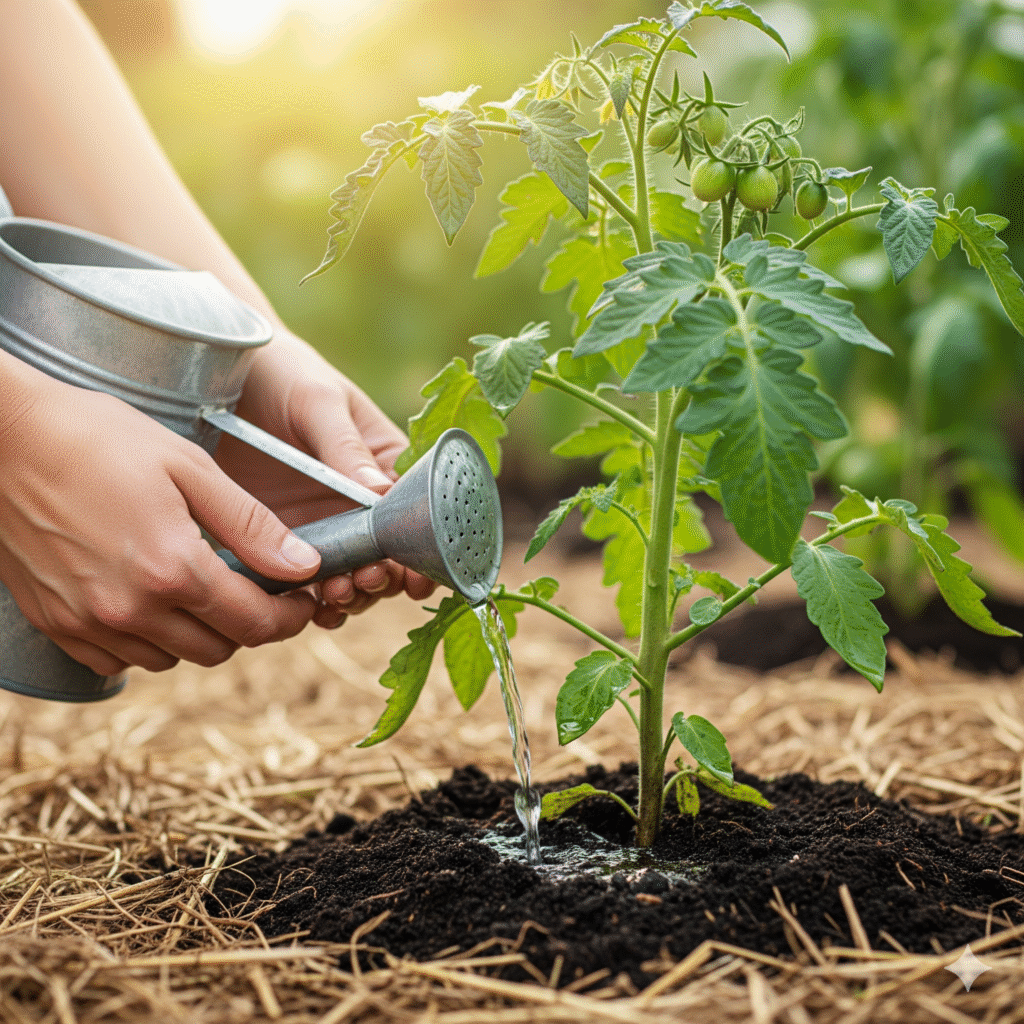 Watering a plant directly at the root zone in a mulched garden bed, a key technique in sustainable watering practices for gardens.