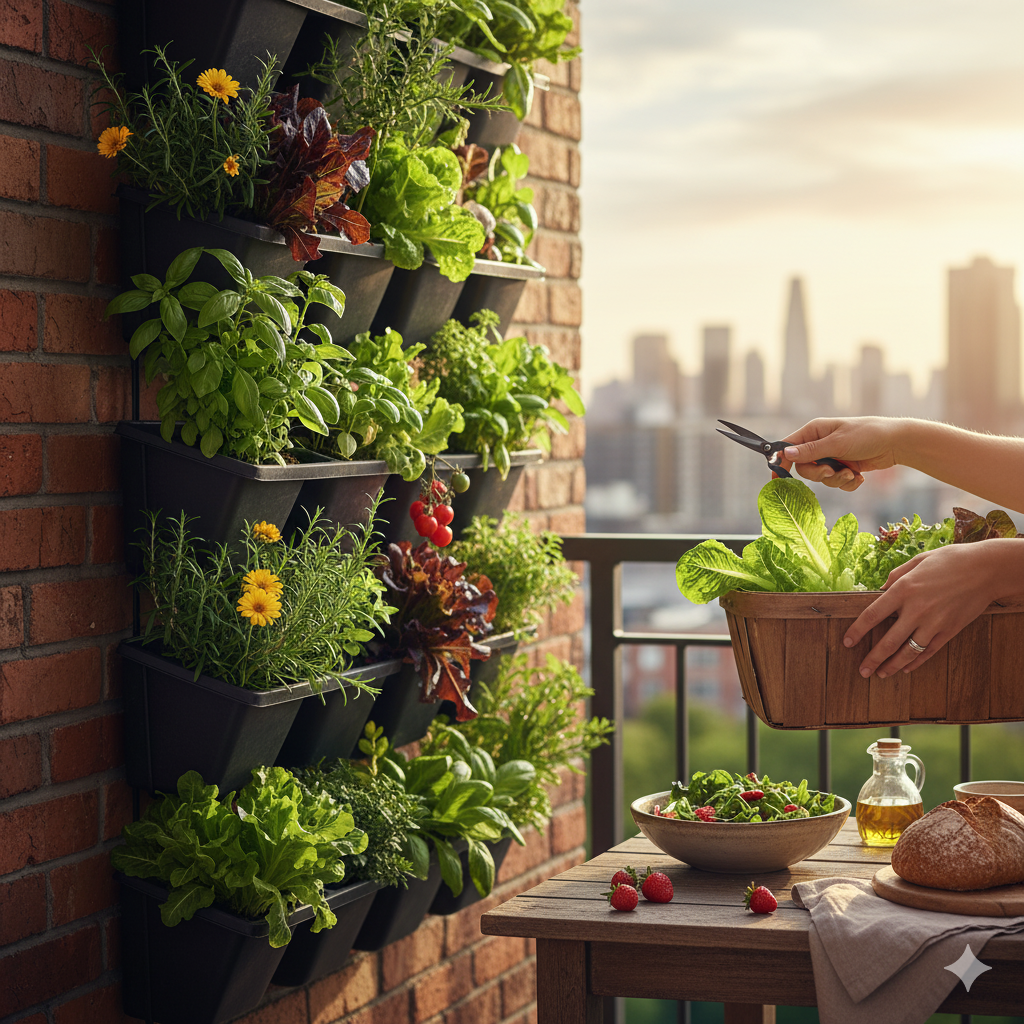 From Wall to Table: A Mindful Harvest from Your Vertical Kitchen Garden A mindful harvest from a vibrant vertical kitchen garden, providing fresh herbs, greens, and small vegetables for a healthy, home-cooked meal on a city balcony at sunset.