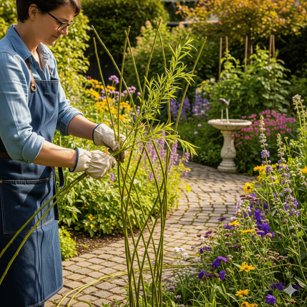Weaving a Willow Trellis: An Ancient Craft for a Modern Unplugged Life A woman in a denim apron weaving a natural willow trellis in a beautiful, sunlit cottage garden with a stone path and colorful flowers.