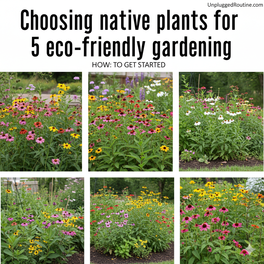 A grid of vibrant garden photos showcasing diverse native plants like coneflowers and black-eyed Susans in full bloom, illustrating the beauty of eco-friendly gardening.
