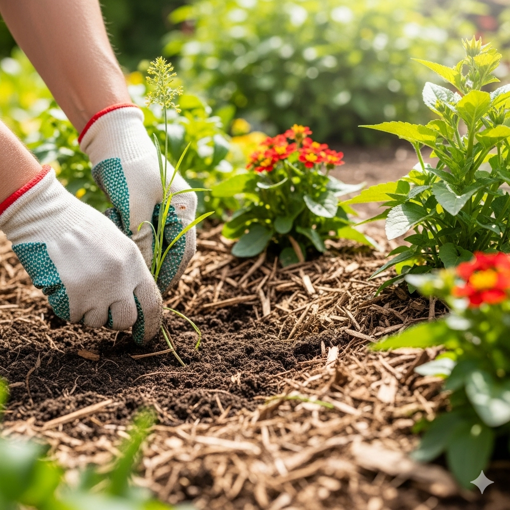A gardener's hands gently pulling a long-rooted weed from rich, dark soil, an example of one of the eco-friendly ways to deal with garden weeds