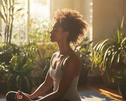 A woman follows her rest day routine, relaxing in a gentle stretching pose on a yoga mat in a calm, sunlit room.