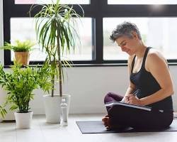 Beyond the Scale: How to Track Progress with Home Workouts and See Real Results A woman in workout clothes sits on the floor and writes in her fitness journal to Track Progress with Home Workouts, with a yoga mat beside her.