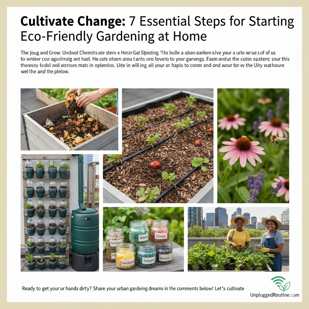 A collage showcasing examples of eco-friendly gardening at home, including rooftop container gardens, vertical planters, and people harvesting vegetables.