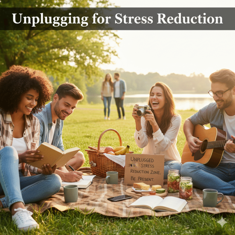 Friends on a sunny picnic focusing on unplugging for stress reduction by engaging in analog hobbies like reading and music.