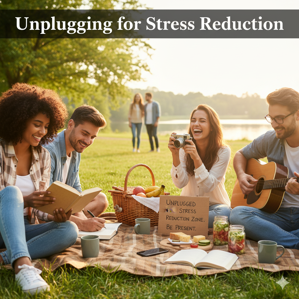 Unplugging for Stress Reduction: Your 5-Step Beginner’s Guide to Digital Wellness Friends on a sunny picnic focusing on unplugging for stress reduction by engaging in analog hobbies like reading and music.