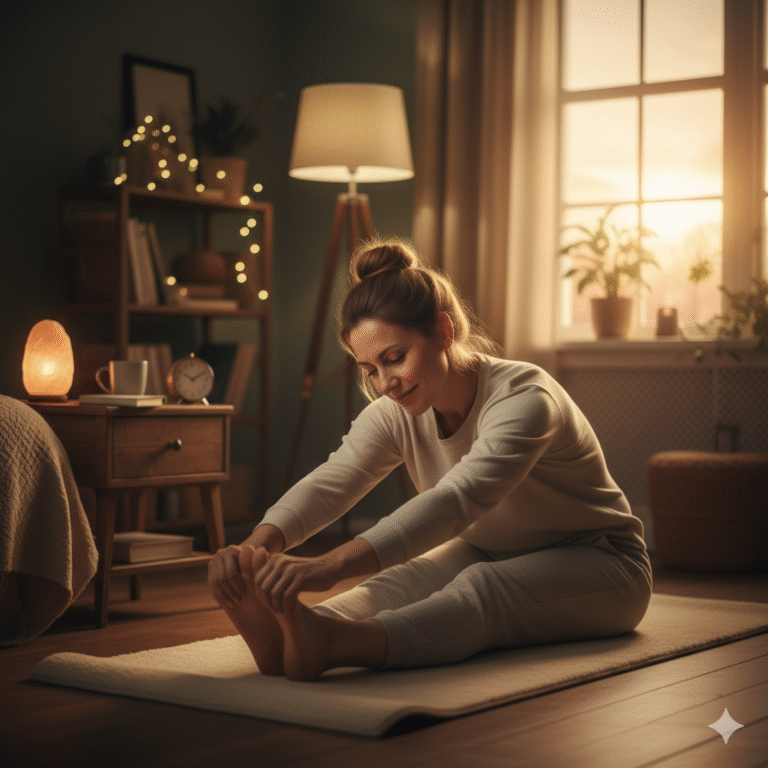 A woman gently stretching as part of a calming evening unplug routine, promoting relaxation and better sleep in a peaceful, warm-lit bedroom.