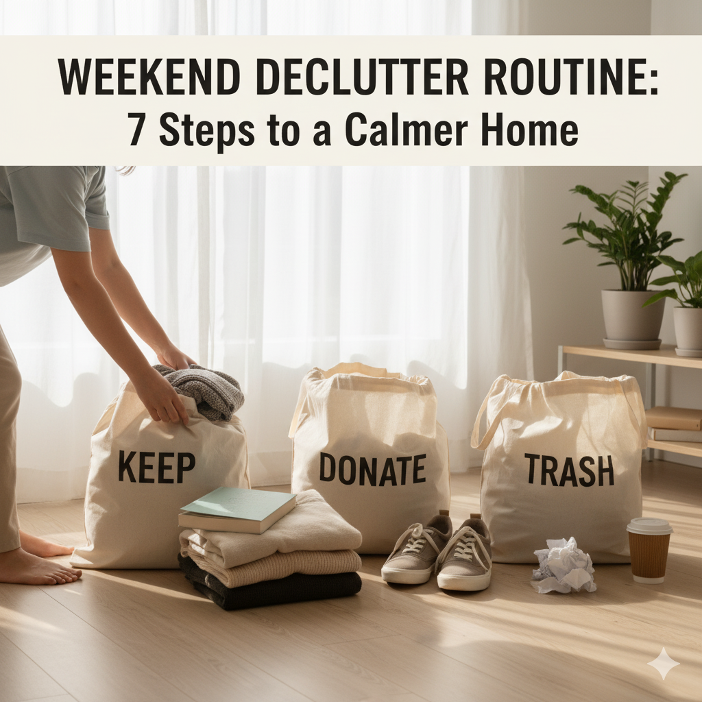 Weekend Declutter Routine: 7 Steps to a Calmer Home & Clearer Mind Hands sorting items into three labeled boxes (Keep, Donate, Trash) on a bright wooden floor, demonstrating a successful weekend declutter routine for mental clarity.