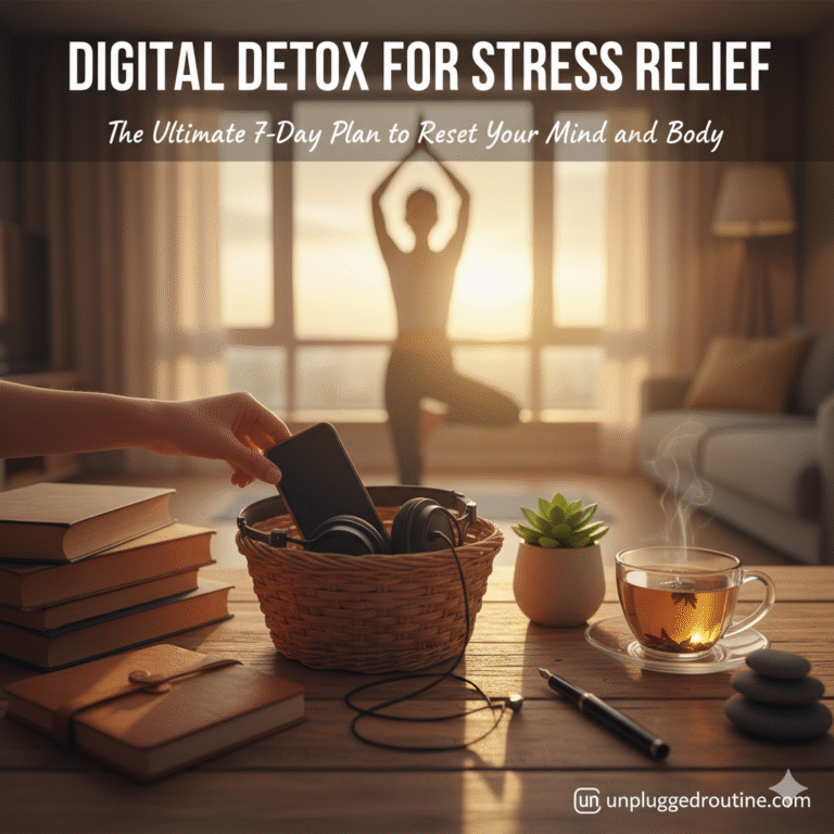 Digital Detox for Stress Relief: A person placing a smartphone in a basket next to books, a journal, and a cup of tea.