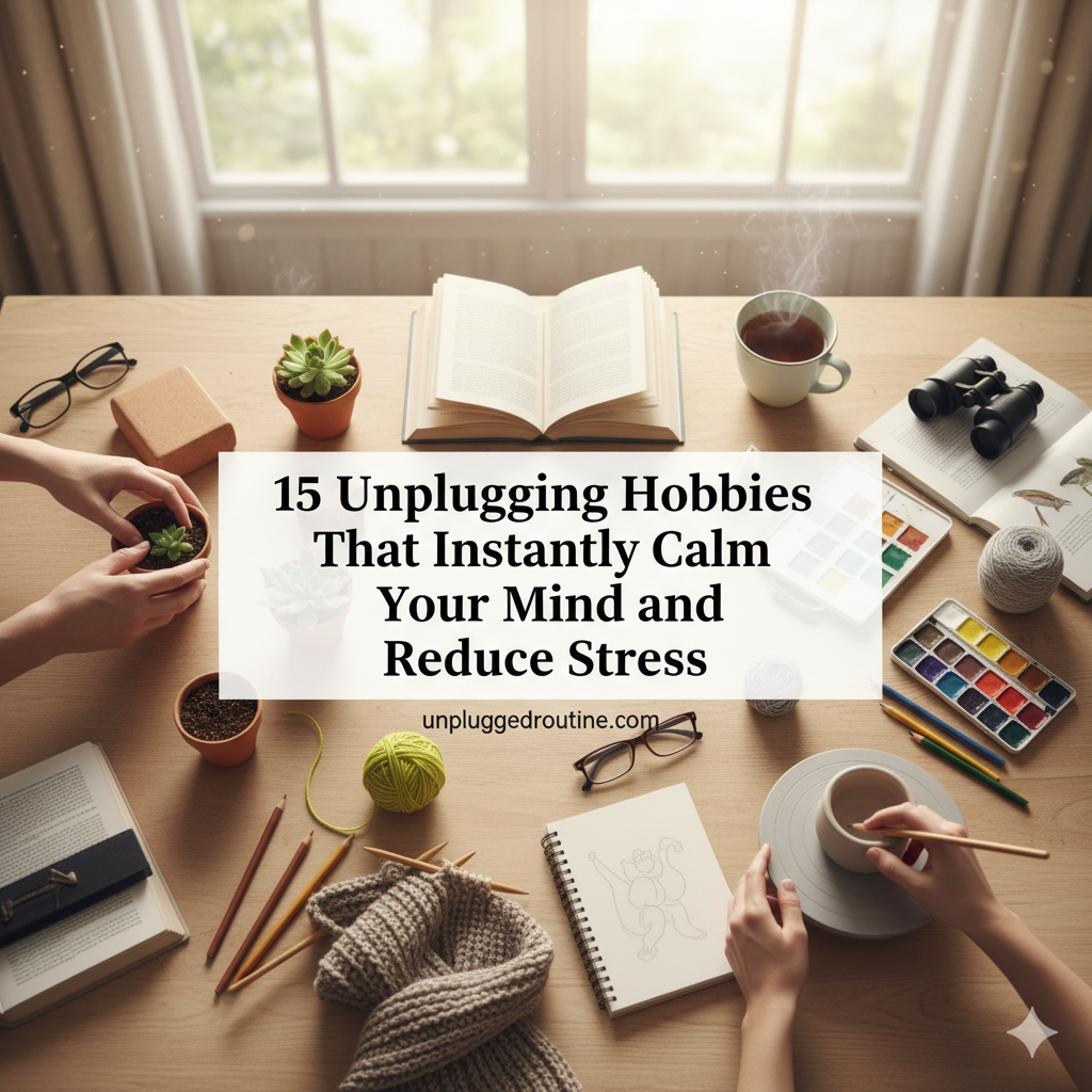 15 Unplugging Hobbies That Instantly Calm Your Mind and Reduce Stress A calm, sunlit desk setup with a laptop showing "Unplug and Thrive," a digital timer, and a face-down smartphone, representing the commitment to unplugging hobbies and focused work.