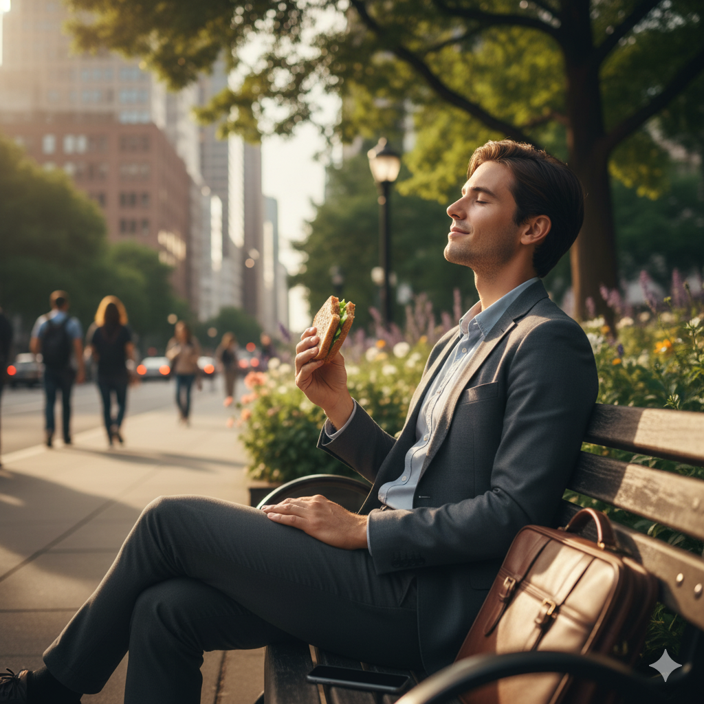 A wide shot of an office worker sitting outside on a bench during their lunch break. The person is eating a healthy sandwich and looking up at the sky or trees, smiling peacefully. A closed smartphone is visible next to them, emphasizing the Lunch Break Digital Detox at Work. The scene conveys a sense of calm, recharge, and a boost to focus and well-being.