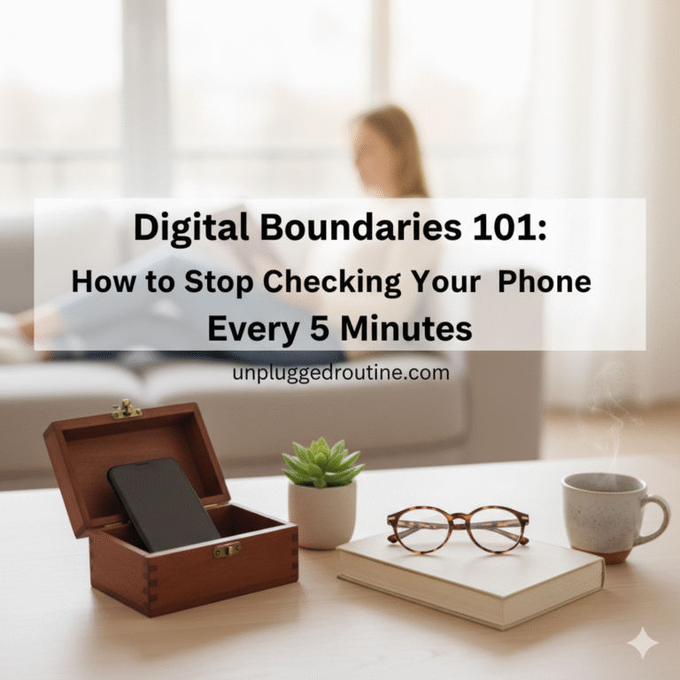 A calm, organized workspace with a laptop, an hourglass, and a face-down smartphone, illustrating the concept of setting digital boundaries and finding peace.