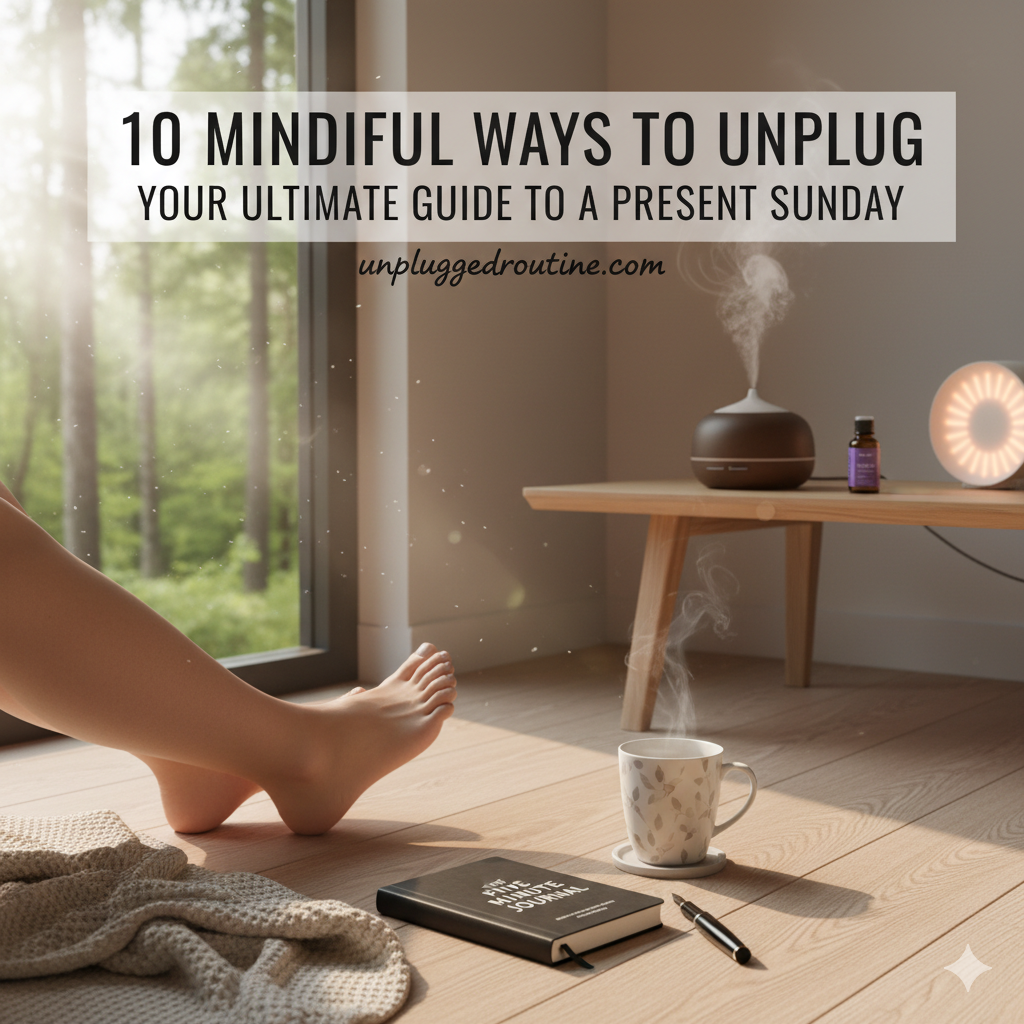 10 Mindful Ways to Unplug: Your Ultimate Guide to a Present Sunday Mindful Sunday morning routine with coffee, journal, and essential oil diffuser in bright sunlight.