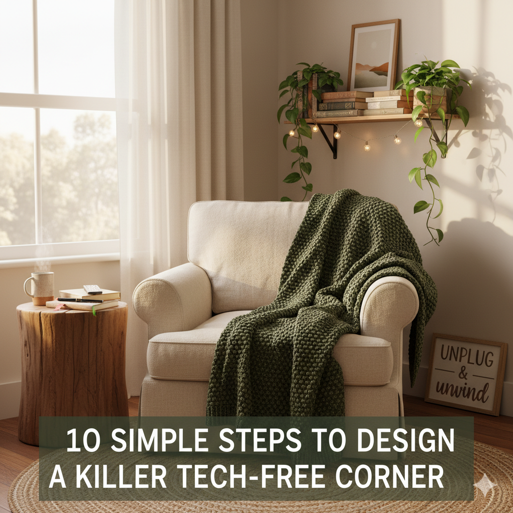 10 Simple Steps to Design a Killer Tech-Free Corner: Your Ultimate Digital Detox Sanctuary Cozy tech-free corner design featuring a cream armchair, green knitted blanket, wooden side table with a mug and notebook, a jute rug, and pothos plants on a wooden shelf with string lights.