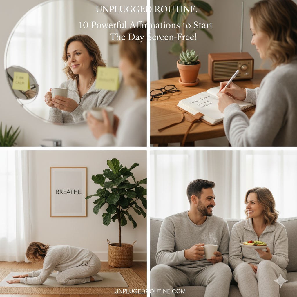 10 Powerful Affirmations to Reclaim Your Mornings (Screen-Free!) Collage illustrating a peaceful, screen-free morning routine with a focus on affirmations, journaling, morning stretches/yoga, and a mindful breakfast enjoyed by a couple.
