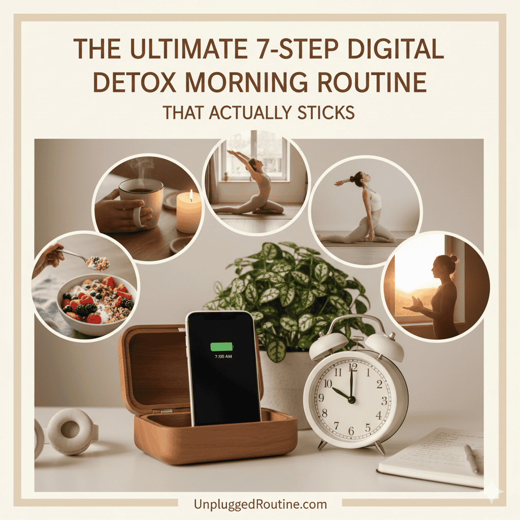 The Ultimate 7-Step Digital Detox Morning Routine That Actually Sticks Collage illustrating a 7-step digital detox morning routine that actually sticks, showing hydration (lemon water), yoga stretching, mindful coffee/breakfast preparation, and a woman meditating with a journal for a grounded, unplugged start to the day.
