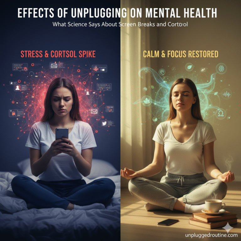 Effects of Unplugging on Mental Health: Image showing a person practicing yoga at sunset, symbolizing calm and low cortisol levels, with analog items like books and tea in the foreground.