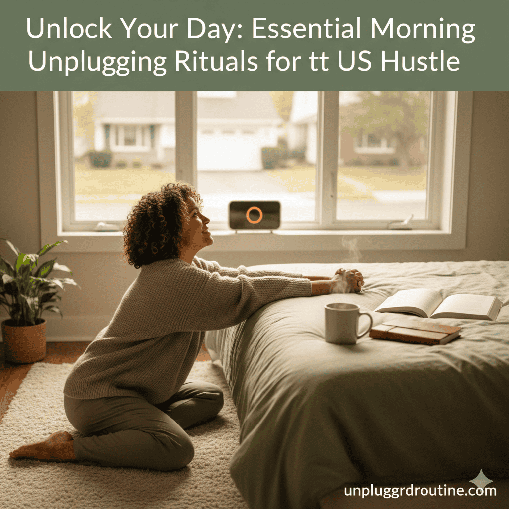Unlock Your Day: Essential Morning Unplugging Rituals for the US Hustle A woman stretching in a peaceful, sunlit bedroom, leaning over the foot of her bed with her hands clasped. On the nightstand is a sunrise alarm clock and a mug. The image conveys a calm, unplugged morning routine.```````````````````````````````````````