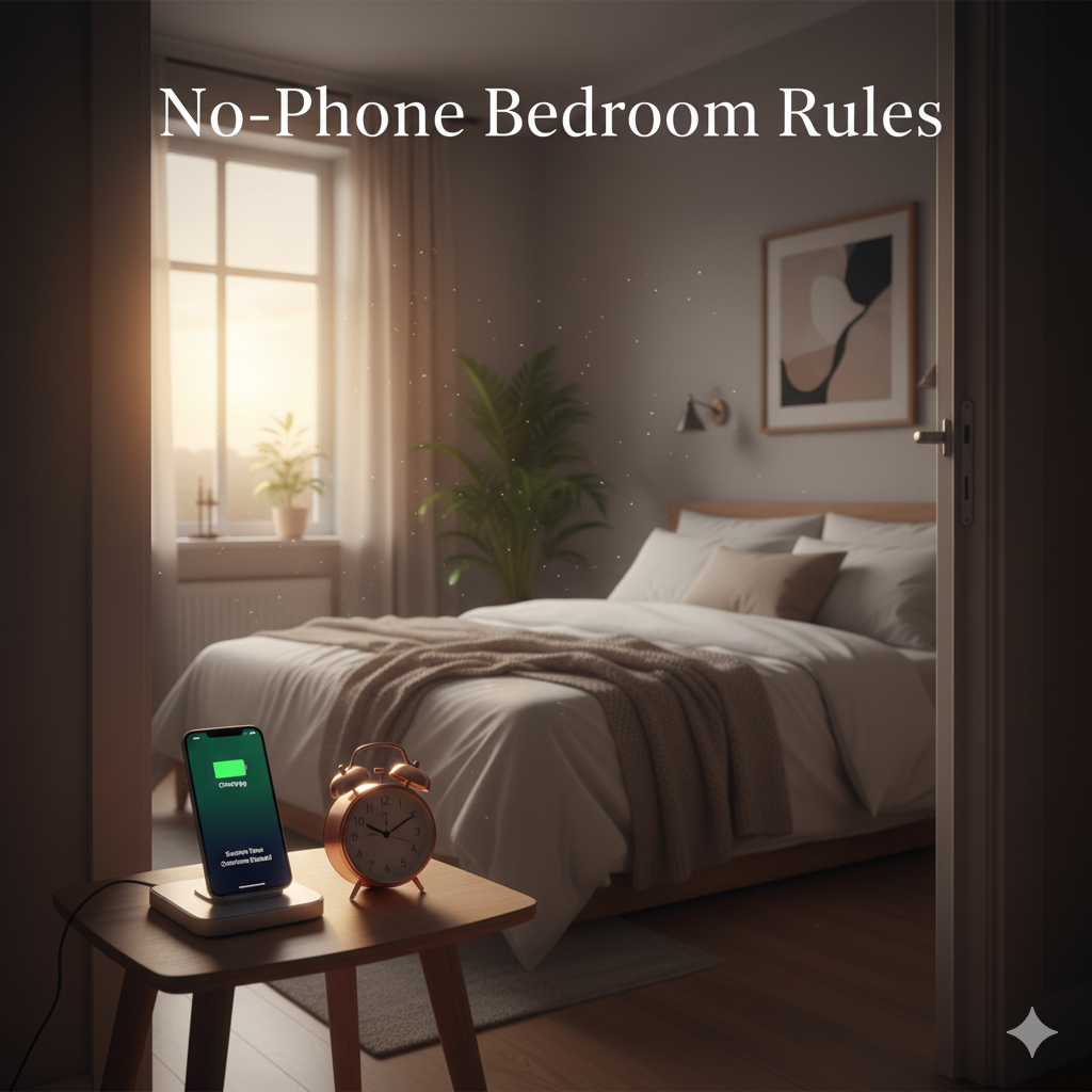 No-Phone Bedroom Rules: 5 Proven Habits for Better Sleep and Less Anxiety Tranquil bedroom setting with an analog alarm clock and book, illustrating No-Phone Bedroom Rules for better sleep and less anxiety.