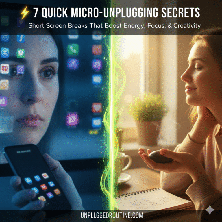 7 Quick Micro-Unplugging Secrets showing a split image: one side is digital overwhelm with screens; the other is a person practicing rest and focus with a non-digital object.