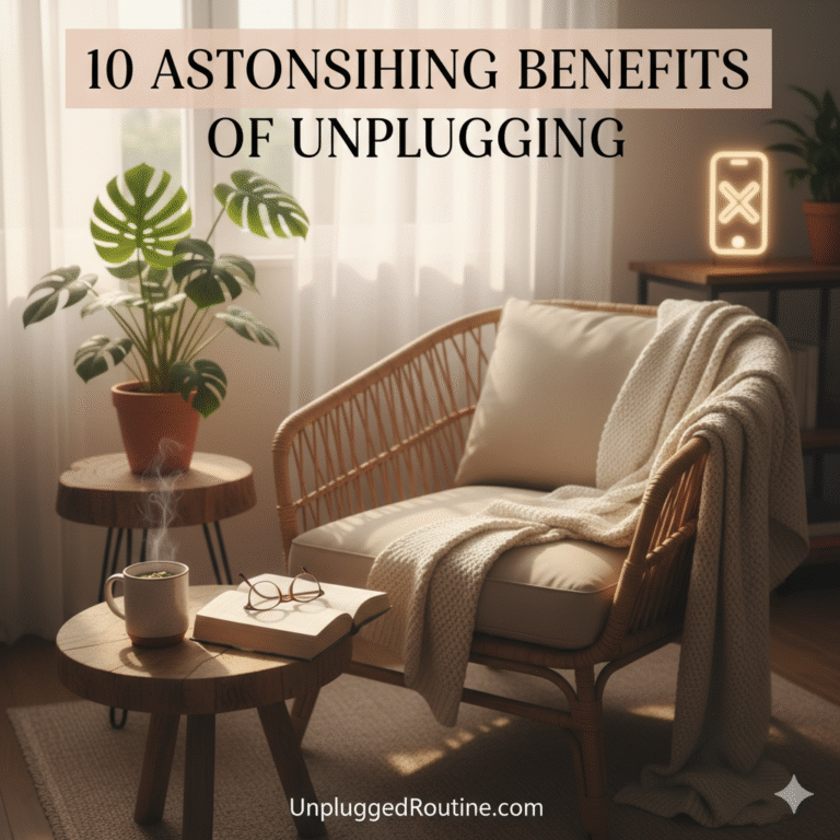 Cozy reading nook with a rattan chair, blanket, book, and steaming mug. A neon sign of a phone with an 'X' emphasizes the topic: "10 Astonishing Benefits of Unplugging.